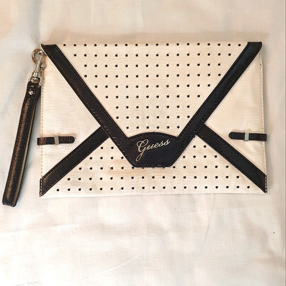 Guess White and Black Envelope Clutch Wristlet Bag
